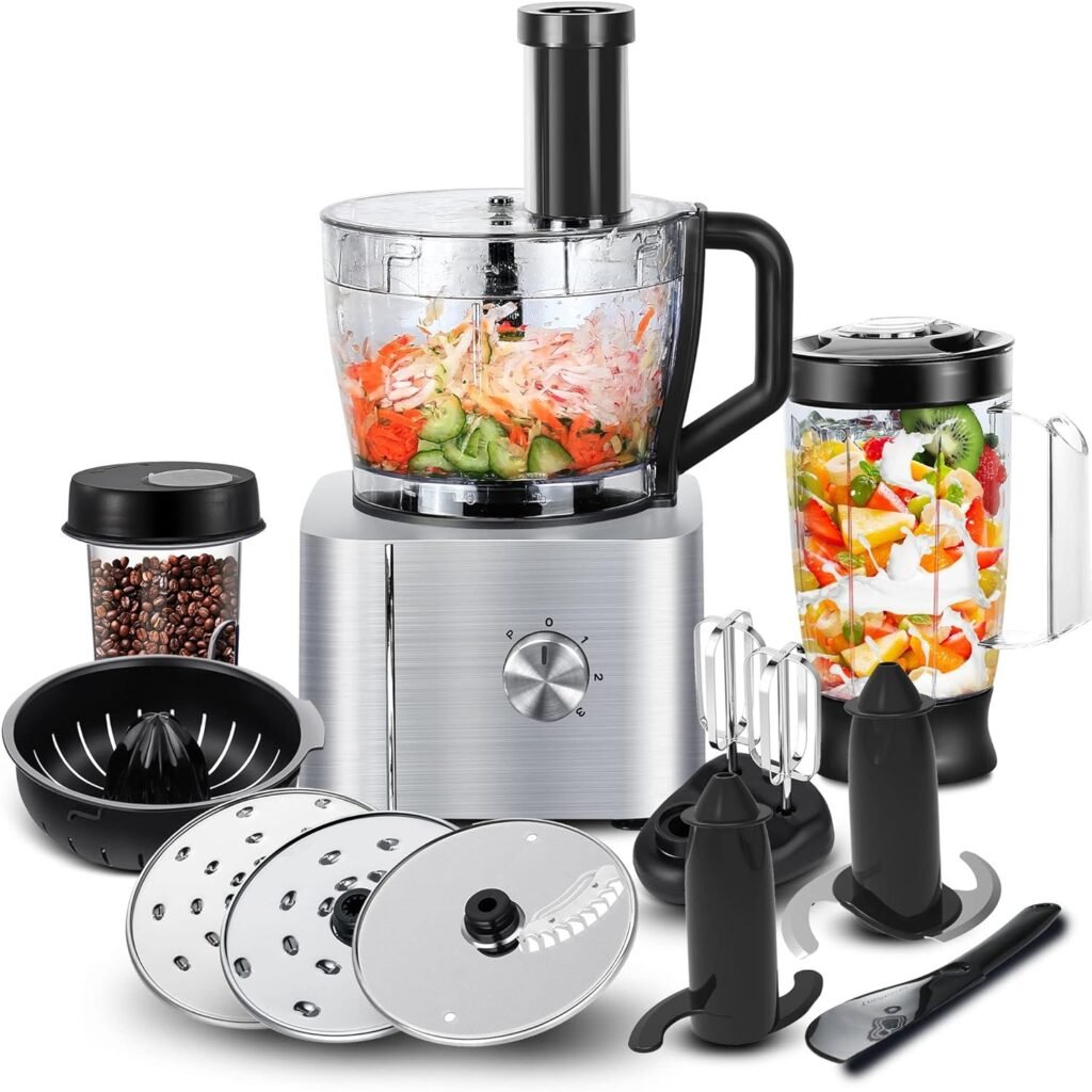 Compacte foodprocessor met diverse snijbladen en kneedhaak voor efficiënte voedselbereiding
