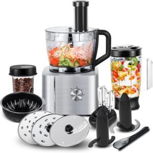 Compacte foodprocessor met diverse snijbladen en kneedhaak voor efficiënte voedselbereiding
