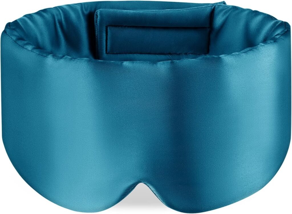 Zijden slaapmasker met verstelbare hoofdband, groot oogmasker voor mannen en vrouwen in pauwblauw