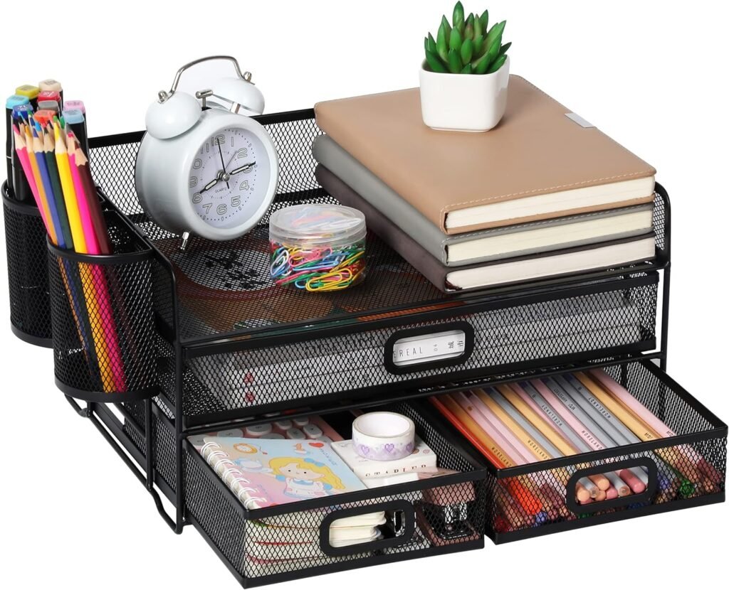 Desktop organizer zwart met meerdere vakken voor documenten en kantoorbenodigdheden
