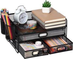 Desktop organizer zwart met meerdere vakken voor documenten en kantoorbenodigdheden