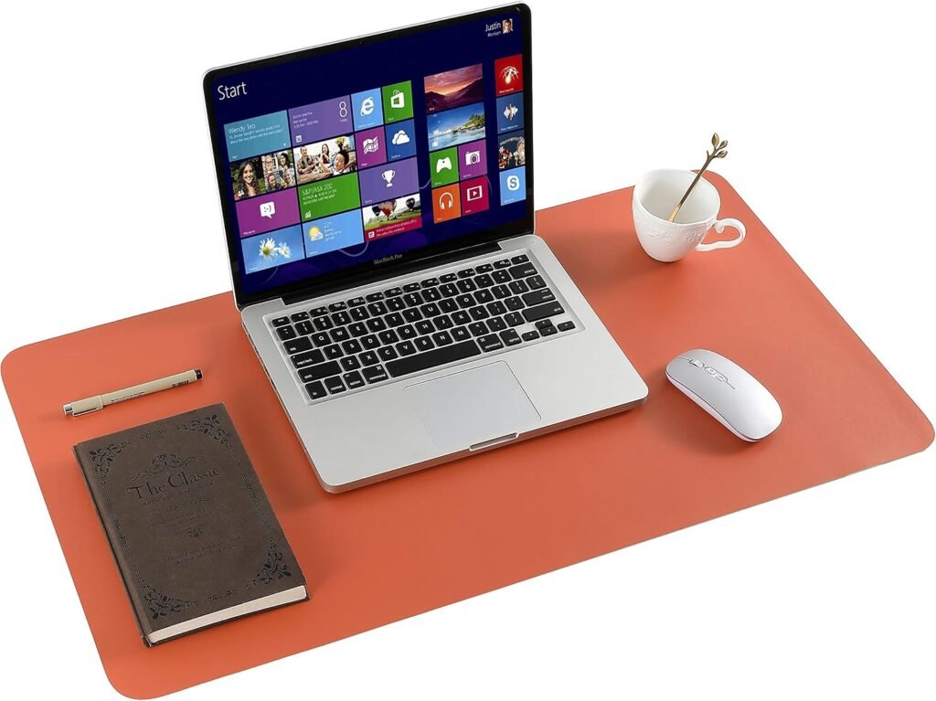 Lichtblauwe en oranje bureau-onderlegger van PU-leer, dubbelzijdig en antislip, 90 x 43 cm