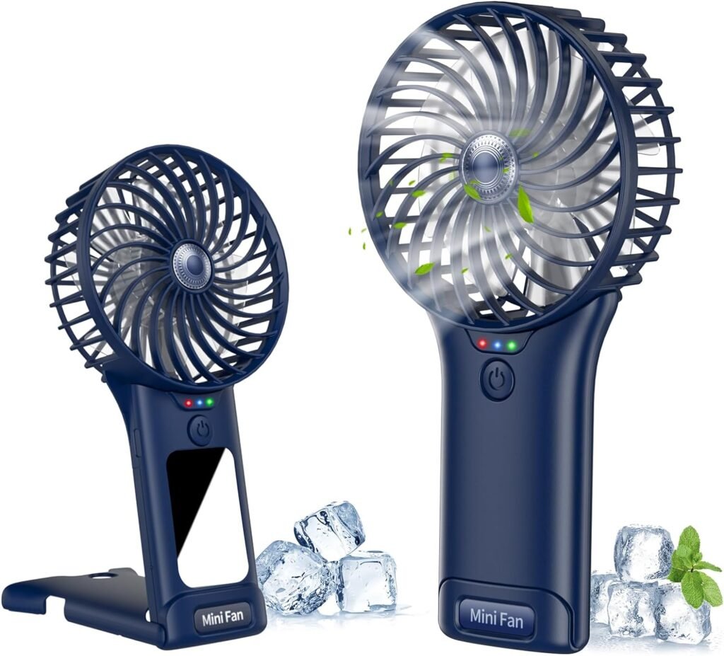Mini draagbare handventilator met spiegel, USB-oplaadbaar, 4 snelheden en 2000 mAh batterij, lichtblauw