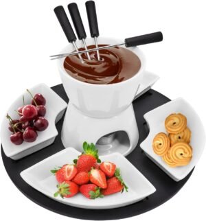 Keramische fonduepotset voor chocolade- en kaasfondue met fonduevorken