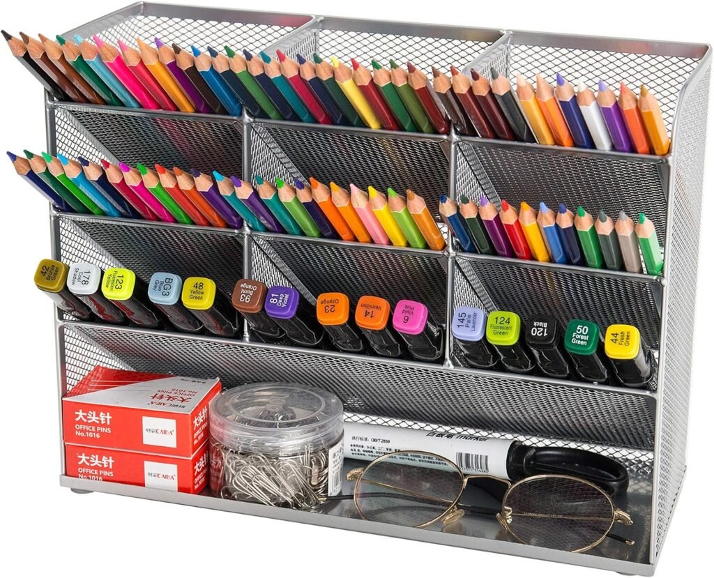 Bureau organizer zwart met metalen mesh, 5 vakken, 4 lades en pennenhouder