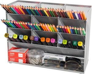 Bureau organizer zwart met metalen mesh, 5 vakken, 4 lades en pennenhouder
