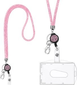 Roze ID-houder met Lanyard – Badgehouder met Sleutelhanger – Kaart- en Pasjeshouder – Kristallen Lanyard