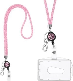 Roze ID-houder met lanyard en sleutelhanger voor ID-kaarten en sleutels