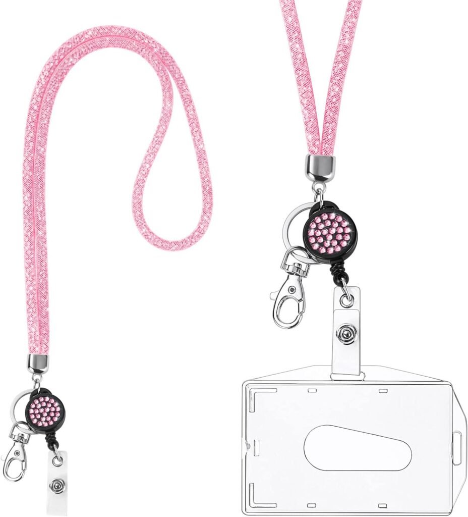 Roze ID-houder met lanyard en sleutelhanger voor ID-kaarten en sleutels