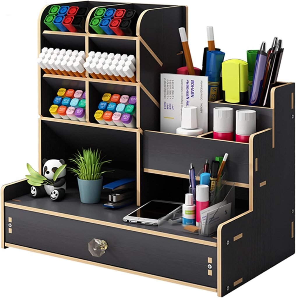 Houten bureau organizer van zwart hout met pennenhouder en opbergvakken