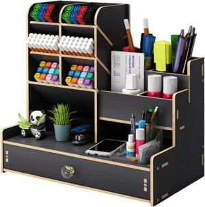 Houten bureau organizer van zwart hout met pennenhouder en opbergvakken