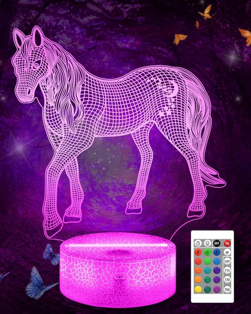 3D illusie nachtlamp met paardenmotief, afstandsbediening en kleurverandering