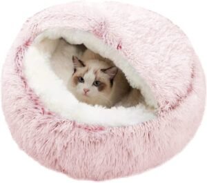 Roze pluche donut kattenbed met antislip bodem voor kleine en middelgrote huisdieren