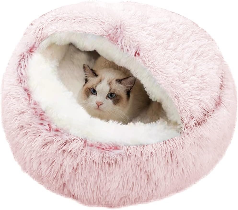 Roze pluche donut kattenbed met antislip bodem voor kleine en middelgrote huisdieren