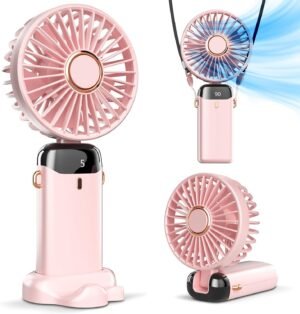 Roze handventilator met spiegel en USB-oplaadfunctie