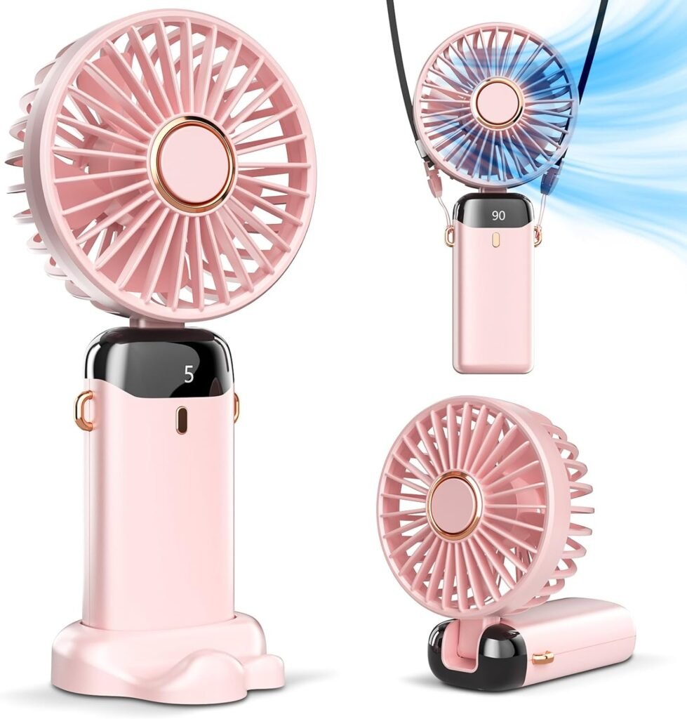 Roze handventilator met spiegel en USB-oplaadfunctie