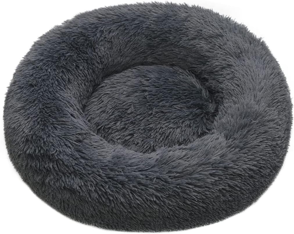 Donkergrijs rond pluche huisdierenbed met zacht kussen voor katten en honden, 60 cm