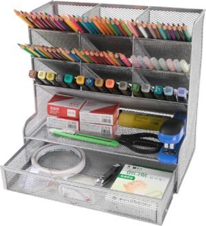 Mesh bureau organizer met lade en 12 compartimenten