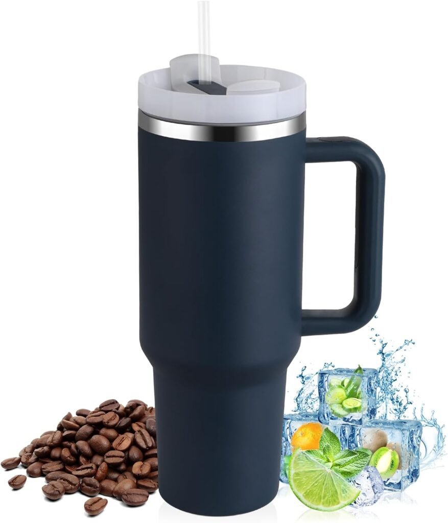Thermosbeker 1200 ml met rietje en handvat, dubbelwandig roestvrij staal, donkerblauw