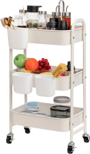 Marineblauwe opbergwagen met 3 planken en wielen, 60 x 30 x 80 cm, voor keuken, badkamer en kantoor