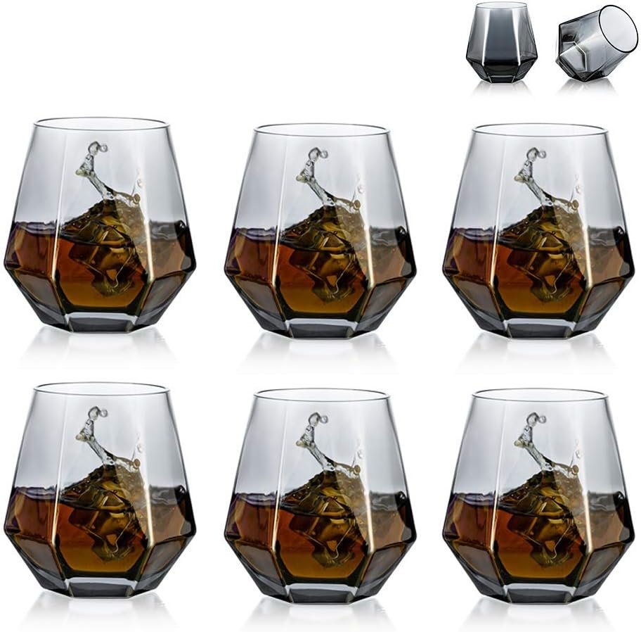 Set van 6 diamant whiskeyglazen, gekantelde tumblers van 300 ml voor bourbon en rum