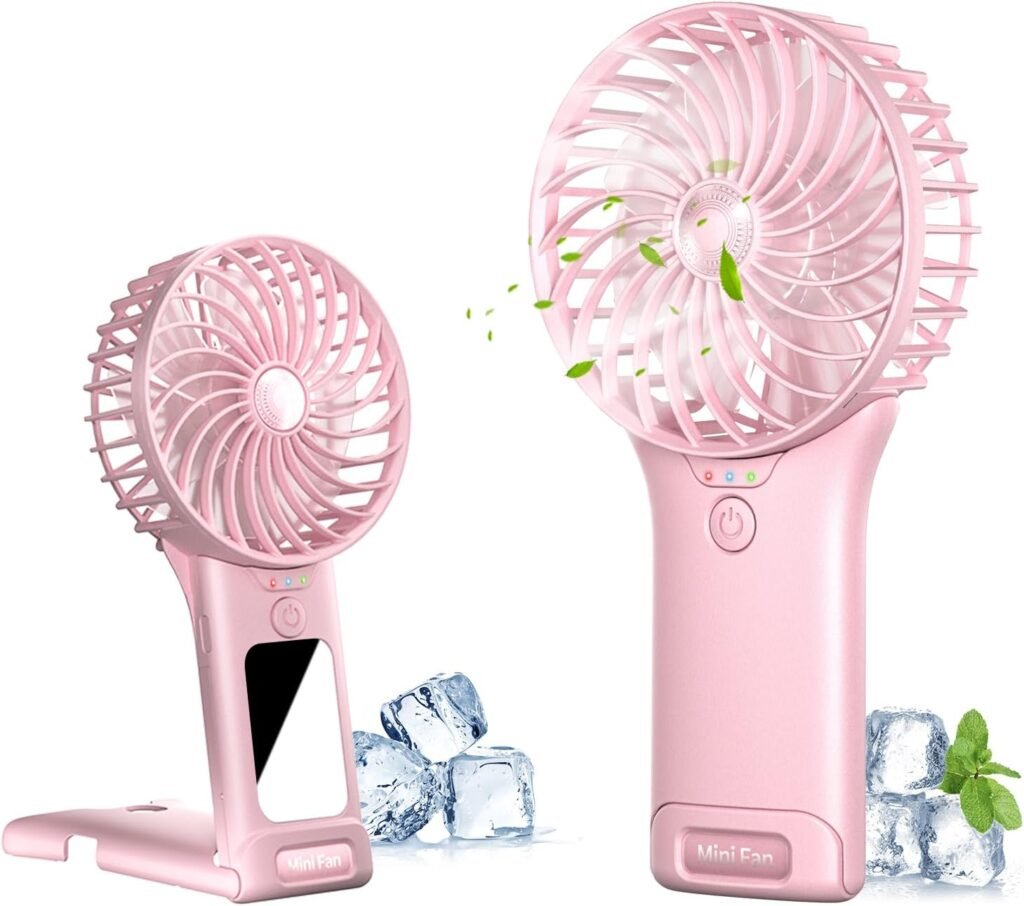 Roze handventilator met spiegel, USB-oplaadbaar, 4 snelheden en 2000mAh batterij