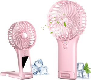 Roze handventilator met spiegel, USB-oplaadbaar, 4 snelheden en 2000mAh batterij