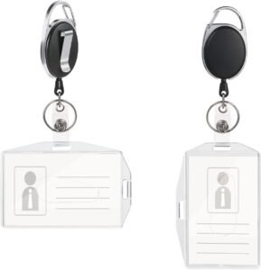 ID-Kaarthouder met Sleutelhanger – Badgehouder met Trekkoord en Karabijnhaak – Zwart Kunststof – Set van 2 Stuks