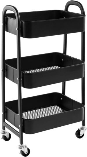 Opbergwagen 3 planken met wielen marineblauw 60 x 30 x 80 cm