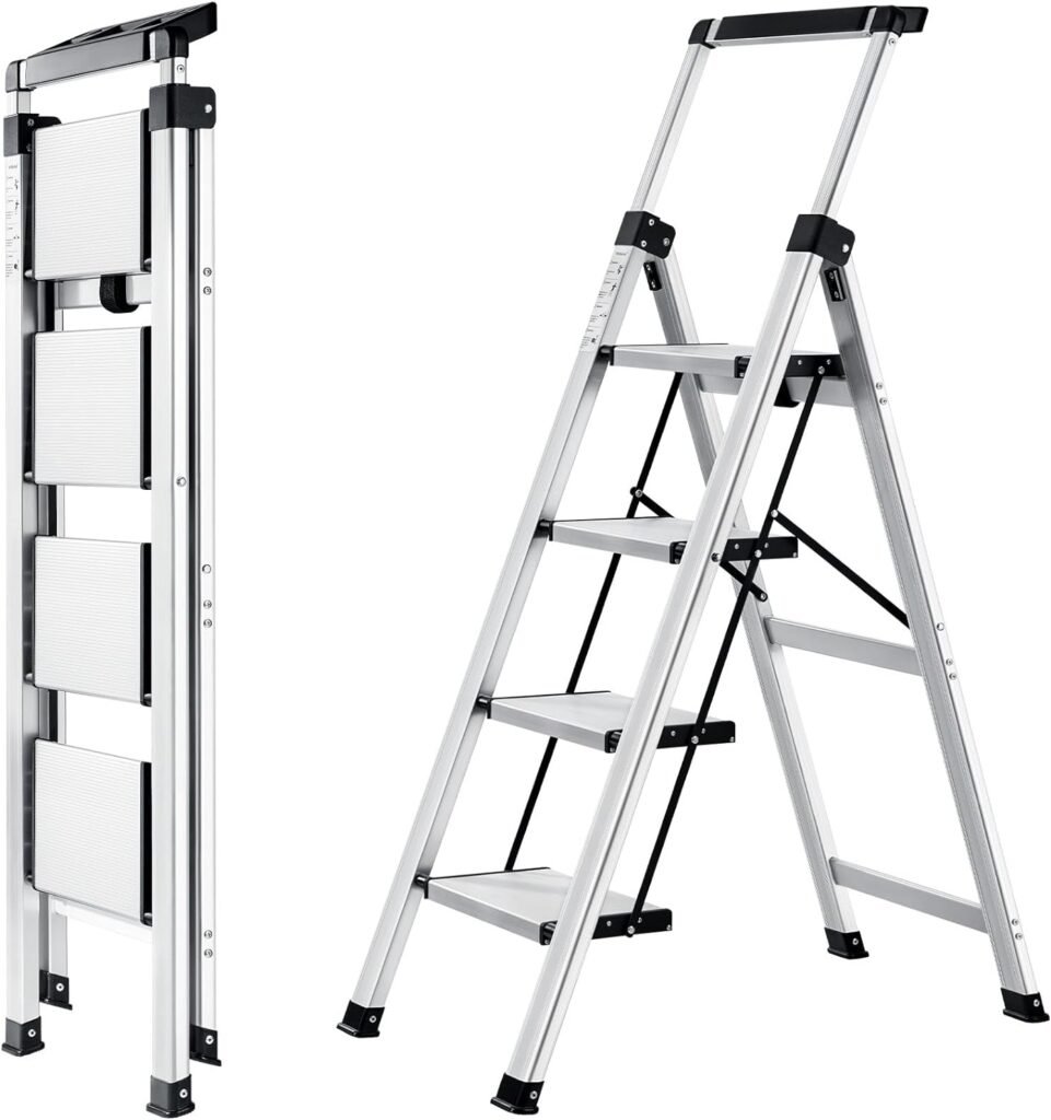 Telescopische aluminium stepladder met antislip treden, 4 treden en draagvermogen tot 150 kg