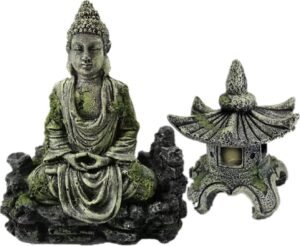 Boeddhabeeld aquariumdecoratie met vuurtoren en lantaarn ornament