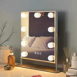 Make-upspiegel met verlichting, 9 dimbare LED-lampen en 3 lichtkleuren, wit 25 x 30 cm