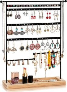 Sieradenstandaard met 80 gaten – Oorbellenhouder en kettinghouder – Sieradenorganiser met houten opbergruimte – 37 x 31 cm Zwart