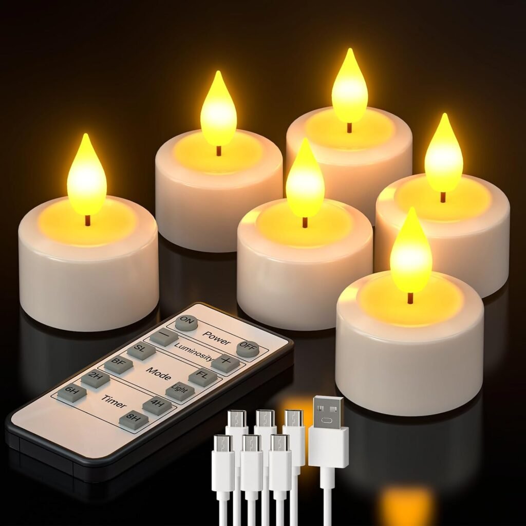 Oplaadbare LED theelichtjes met flikkerende vlam, set van 6, warm wit licht