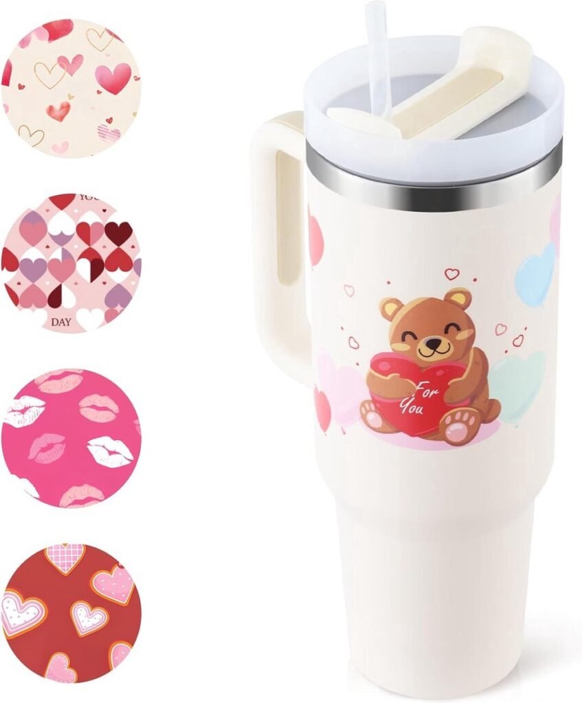 Thermosbeker voor kinderen 1200 ml met rietje en handvat van roestvrij staal, crème wit met berenmotief