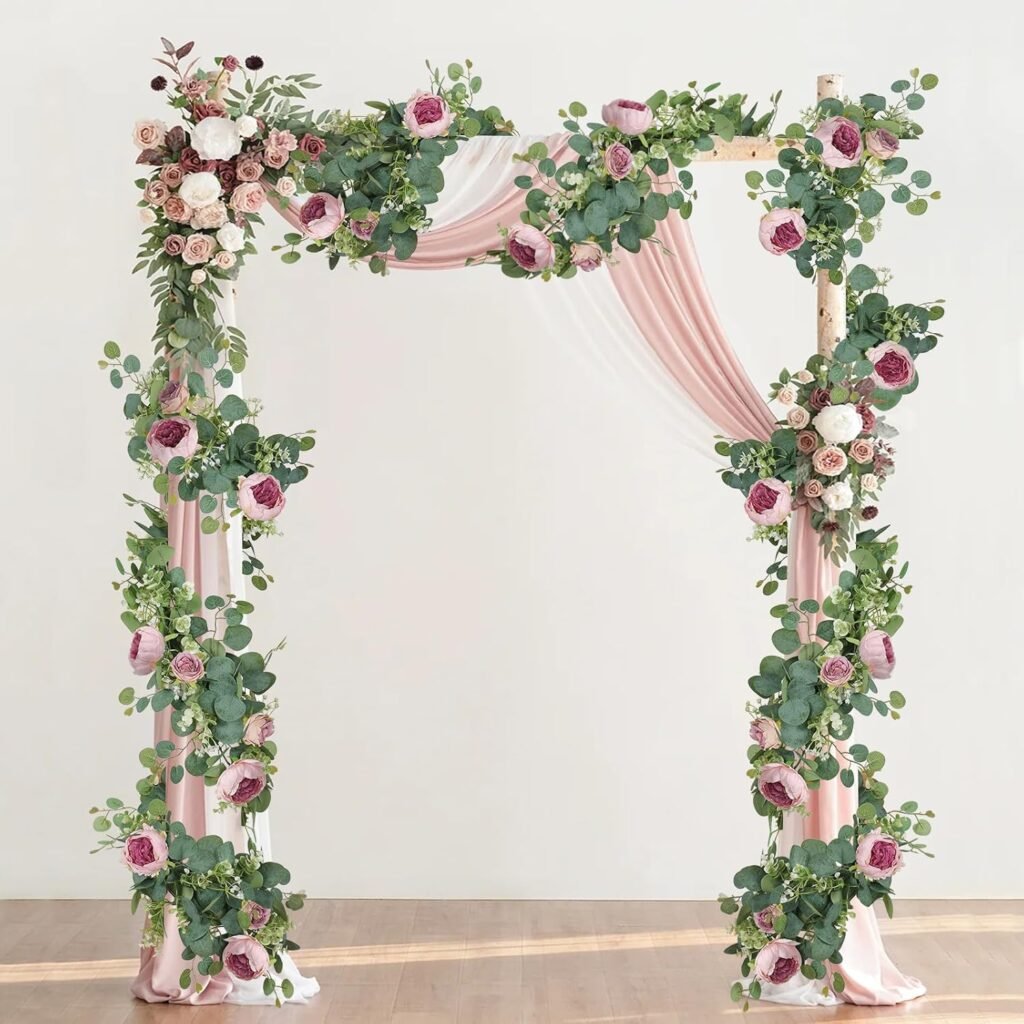 Set van 2 kunstbloemenkransen met eucalyptus, roze pioenrozen en rozen voor bruiloft en feestdecoratie
