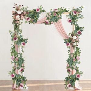 Set van 2 kunstbloemenkransen met eucalyptus, roze pioenrozen en rozen voor bruiloft en feestdecoratie
