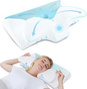 Cervicaal Kussen van Geheugenschuim – Orthopedisch Nekkussen voor Zij-, Rug- en Buikslapers – Contourkussen – 60 x 35 x 8-12 cm, Blauw