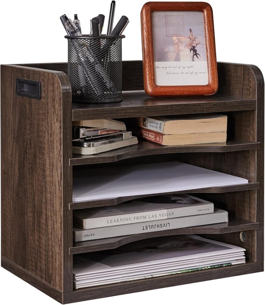 Houten bureau organizer met verwijderbare planken voor A4 documenten en boeken, grijs, 34 x 23 x 31,5 cm