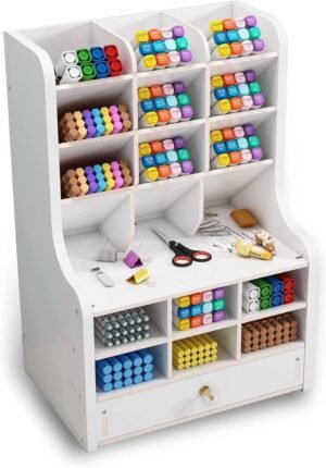 Houten bureau organizer met lade voor pennen en schoolbenodigdheden in wit