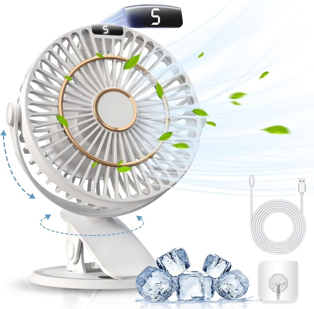 Clip-on ventilator met klem, oplaadbaar en draaibaar met 5 snelheden en LCD-display