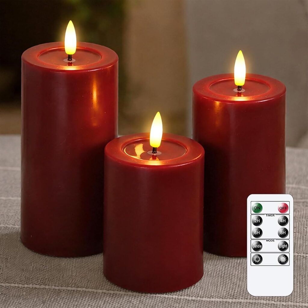 Rode LED kaarsen set met timer en afstandsbediening, set van 3 met realistische flikkerende vlam