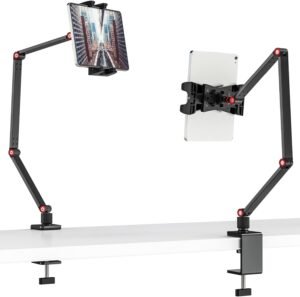 Verstelbare Tablethouder voor Bureau – Desktop Tabletstandaard voor Handsfree Gebruik – Montageklem – Geschikt voor 4,7 tot 12,9 Inch, Zwart