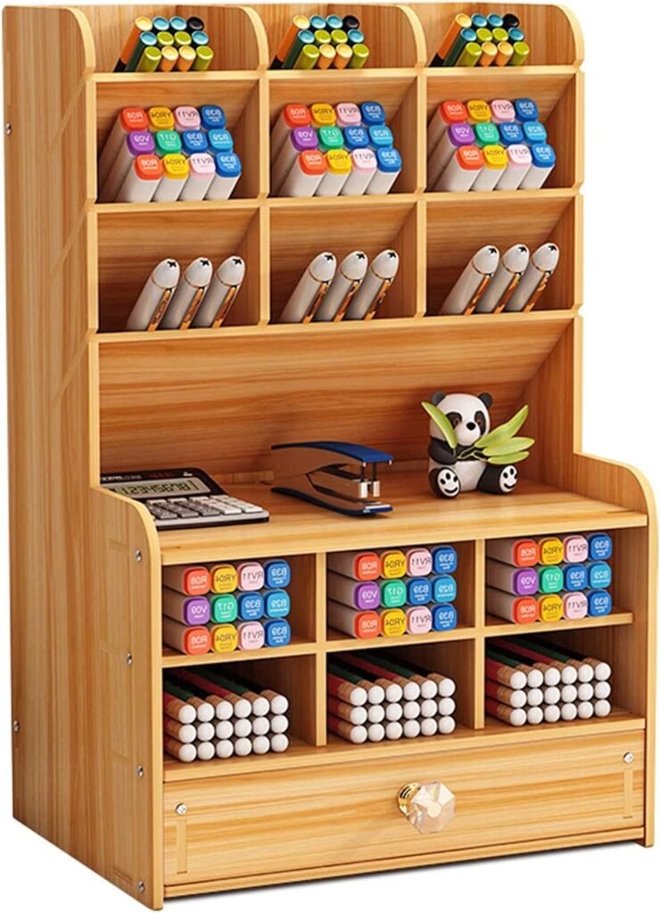 Houten bureau organizer met 12 compartimenten en lade, cherry hout 21 x 25,5 cm