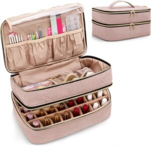 Nagellak Organizer 40 Flesjes – Manicure Opbergtas met Opbergvakken – Dubbele Nagellak Organisator – Lichtroze