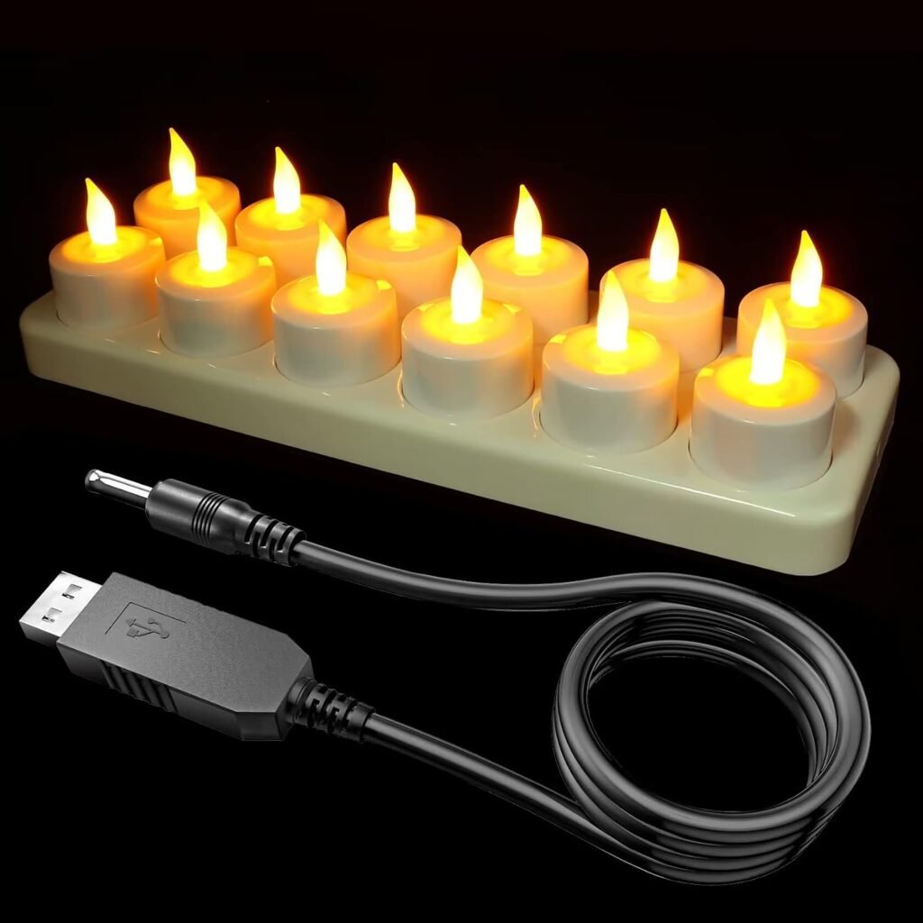 Oplaadbare LED kaarsen set van 12 met oplaadstation, flameloze theelichtjes en warm geel licht