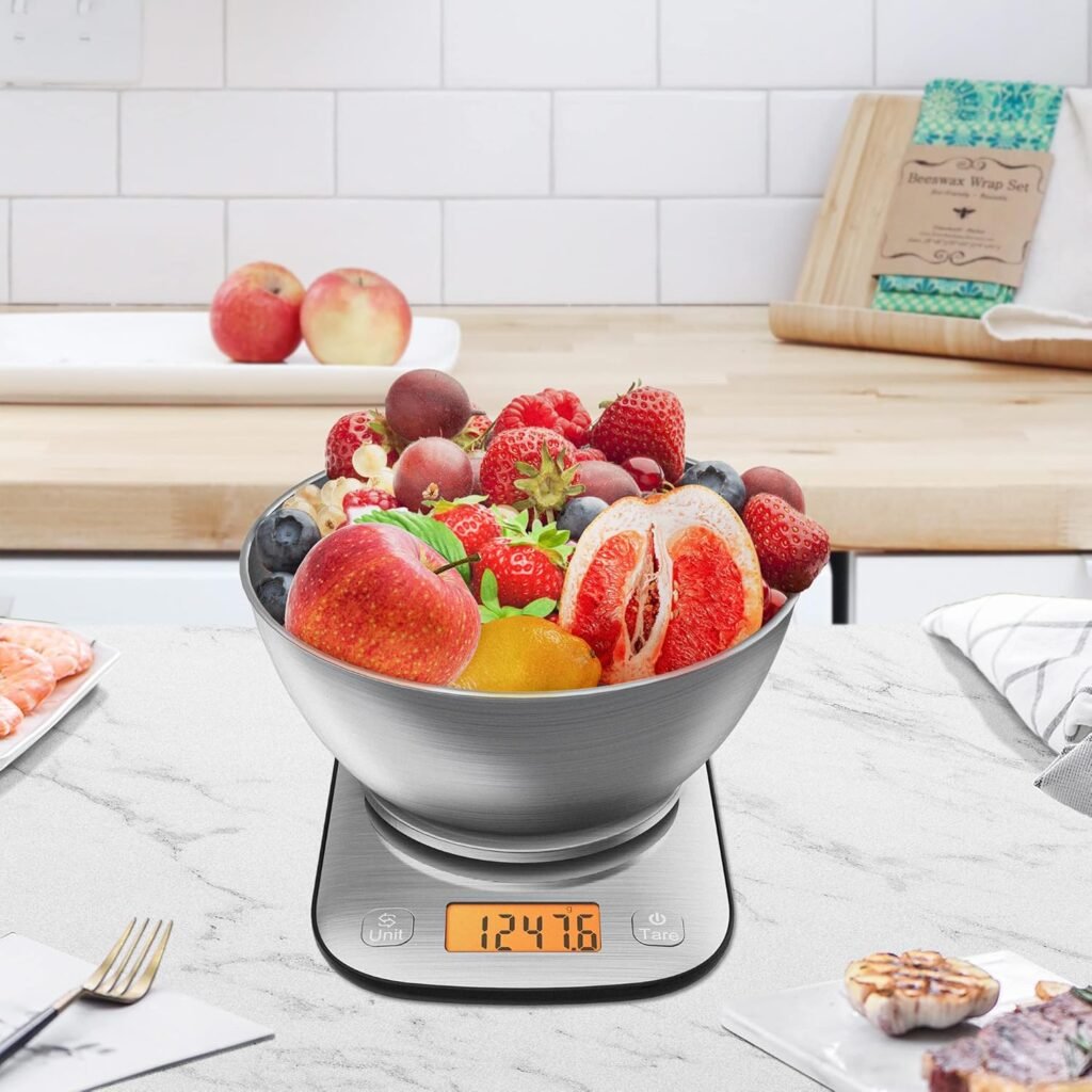 Digitale keukenweegschaal met RVS weegkom, 5 kg capaciteit en 0,5 g nauwkeurigheid, IPX6 waterbestendig