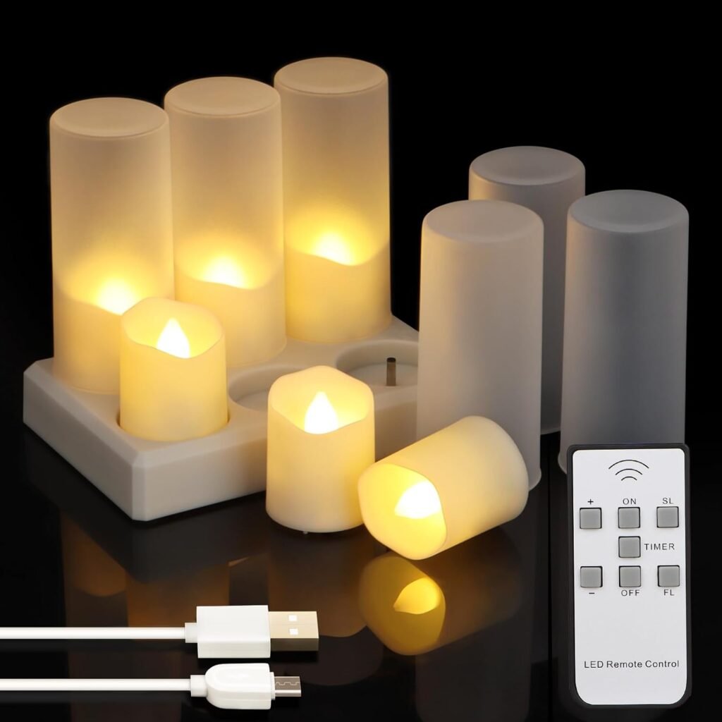 Oplaadbare theelichtjes met flikkerende vlam, set van 6, vlamloze kaarsen met warm wit licht