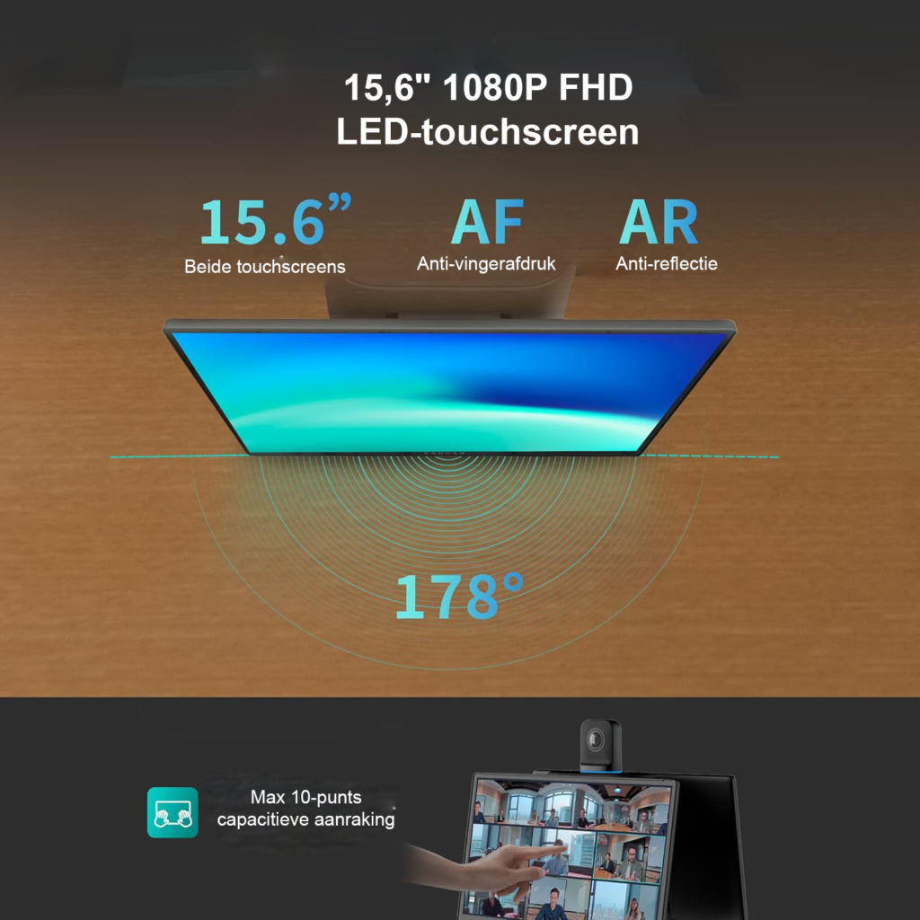 Vergadersysteem 15,6 inch met FHD touchscreen, 360° conferentieapparatuur, dual 4K HDR-opname en WiFi, HDMI en USB aansluitingen