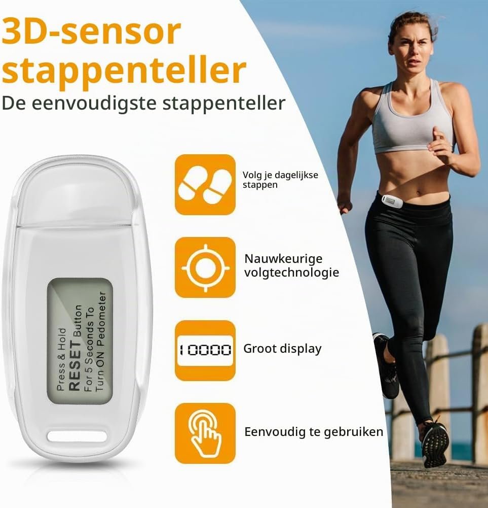 Compacte 3D stappenteller voor broekzak met calorieënteller en afstandsmeting